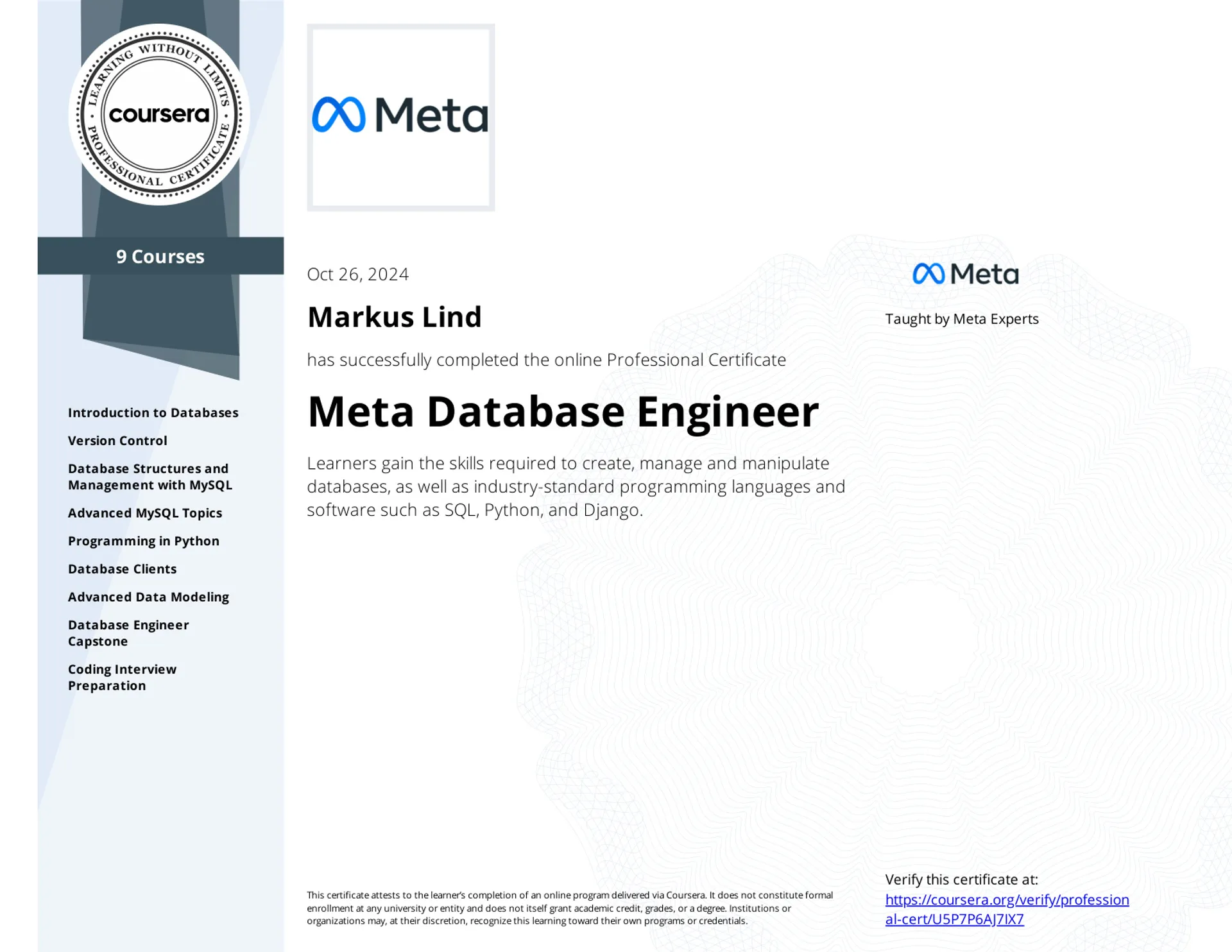 Meta Database Engineer Professional Certificate certificate