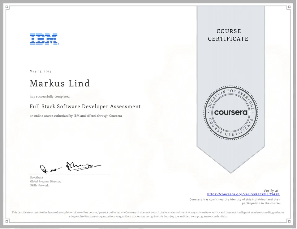 Full Stack Software Developer Assessment certificate