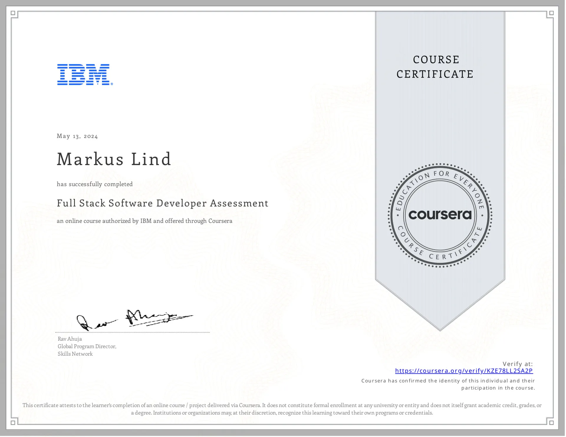 Full Stack Software Developer Assessment certificate