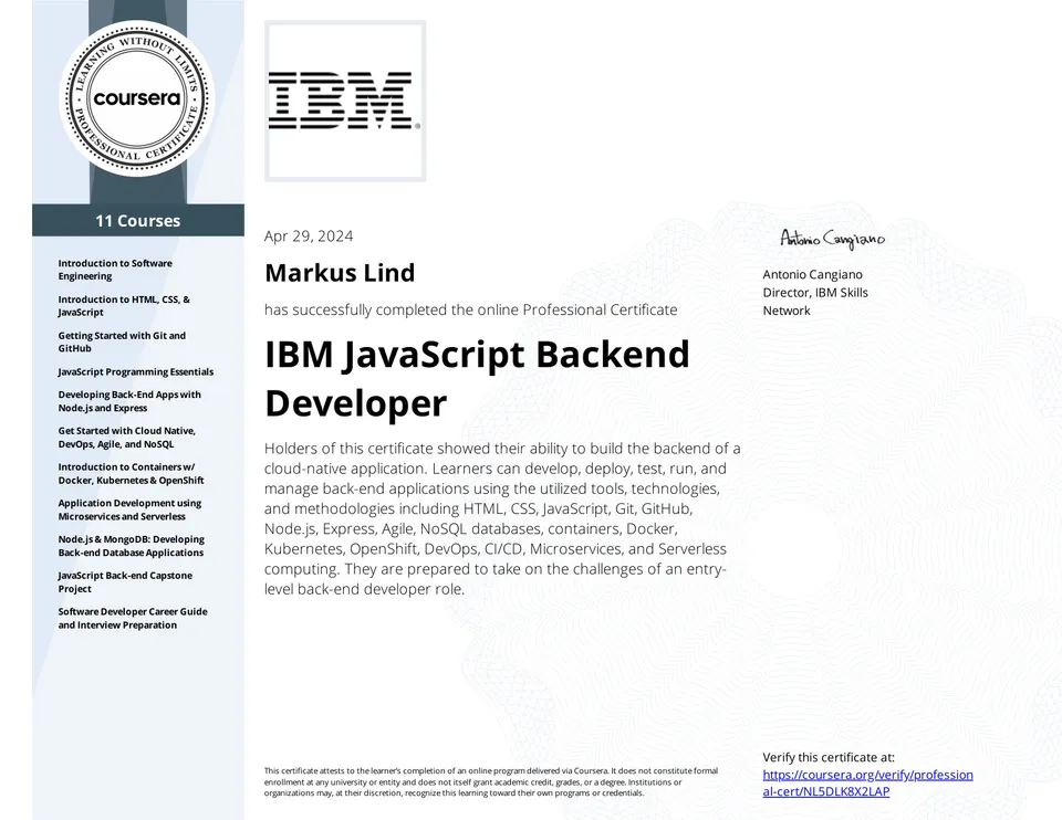 IBM JavaScript Backend Developer Professional Certificate certificate