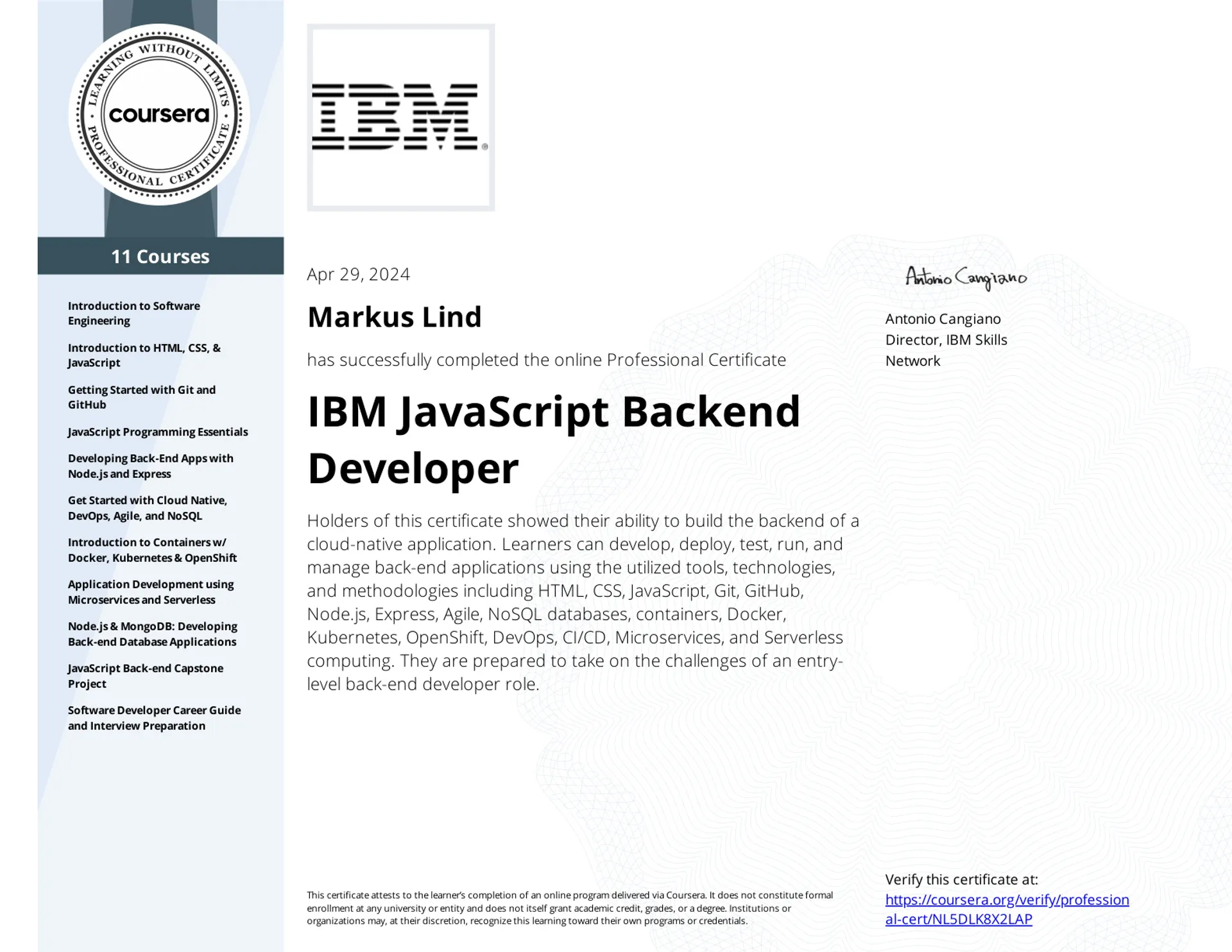 IBM JavaScript Backend Developer Professional Certificate certificate