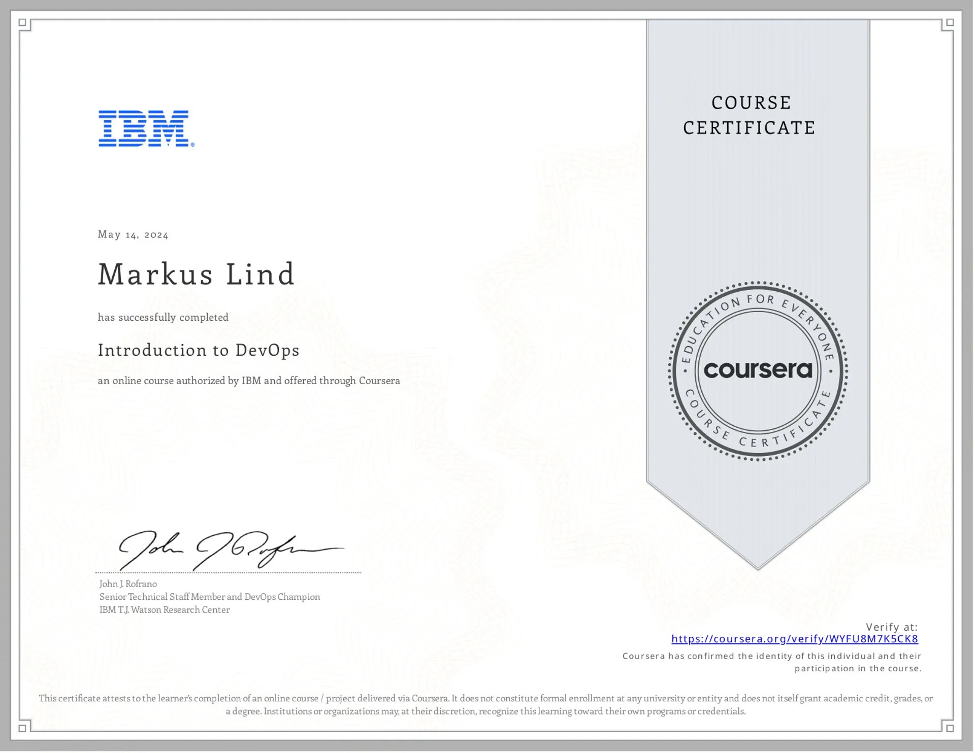 Introduction to DevOps certificate