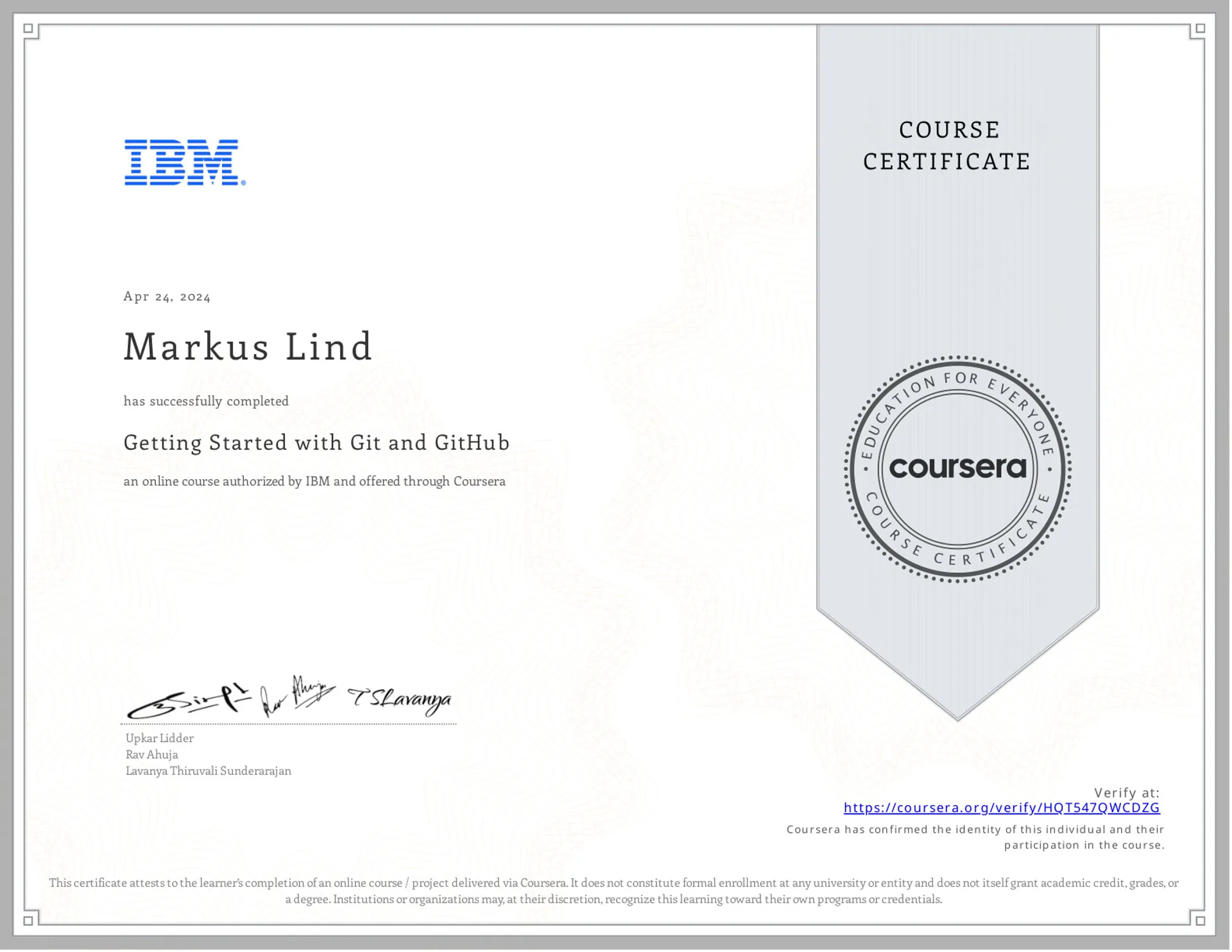 Getting Started with Git and GitHub certificate