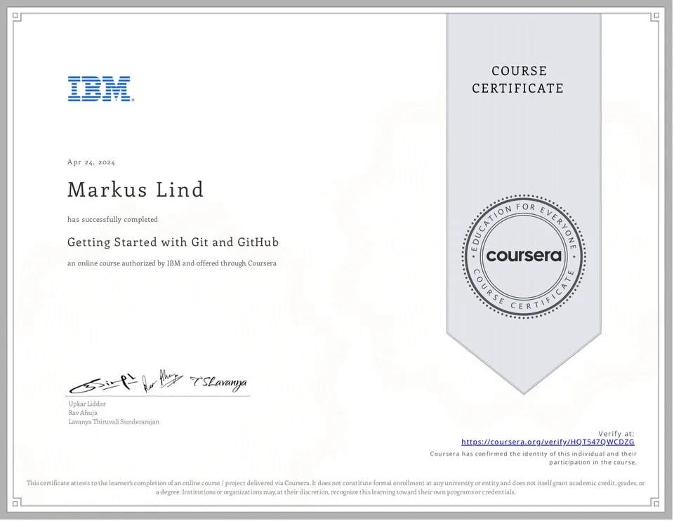 Getting Started with Git and GitHub certificate