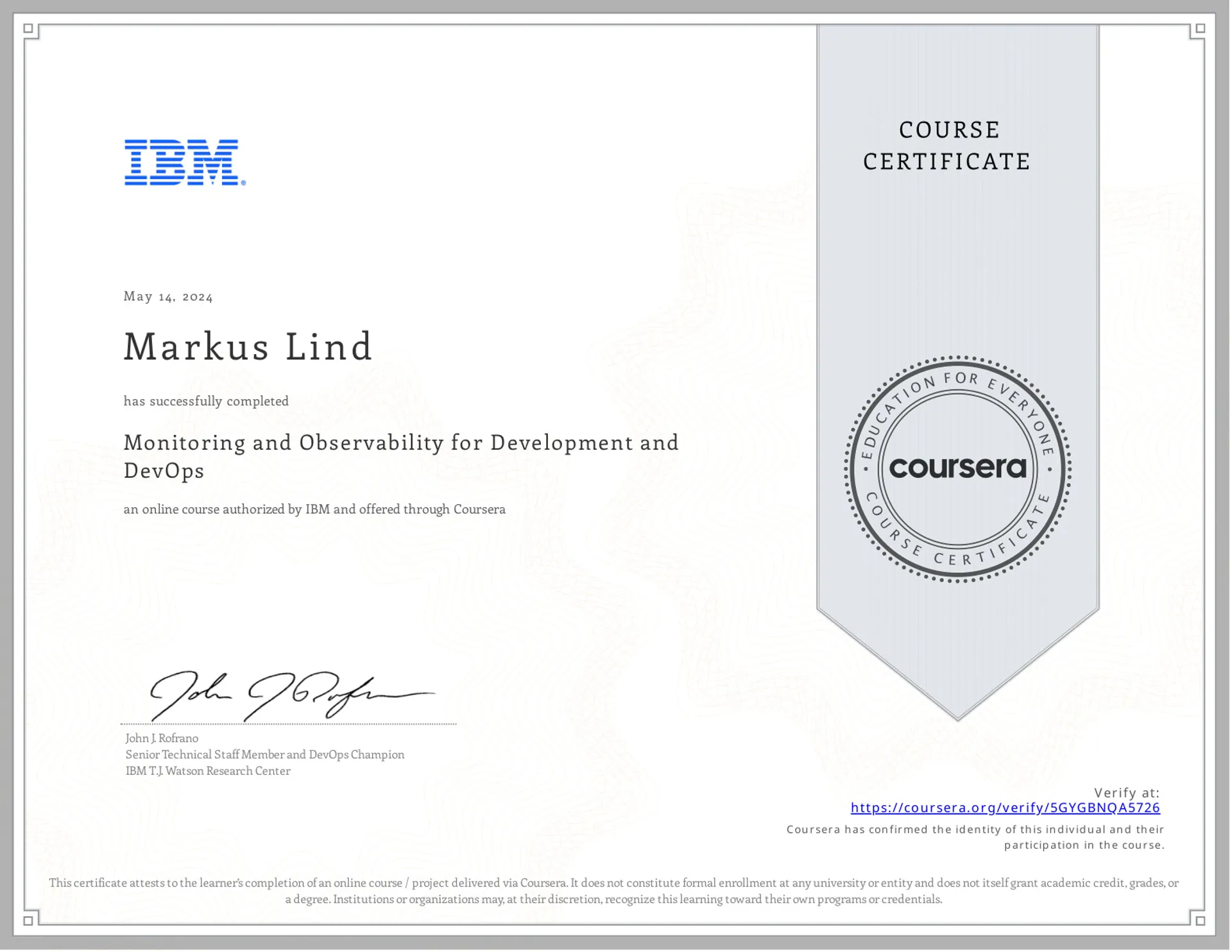 Monitoring and Observability for Development and DevOps certificate