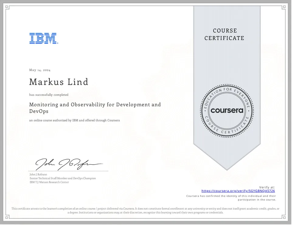 Monitoring and Observability for Development and DevOps certificate