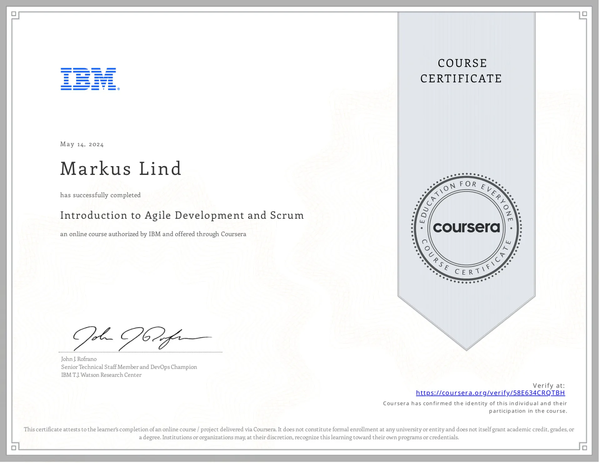Introduction to Agile Development and Scrum certificate
