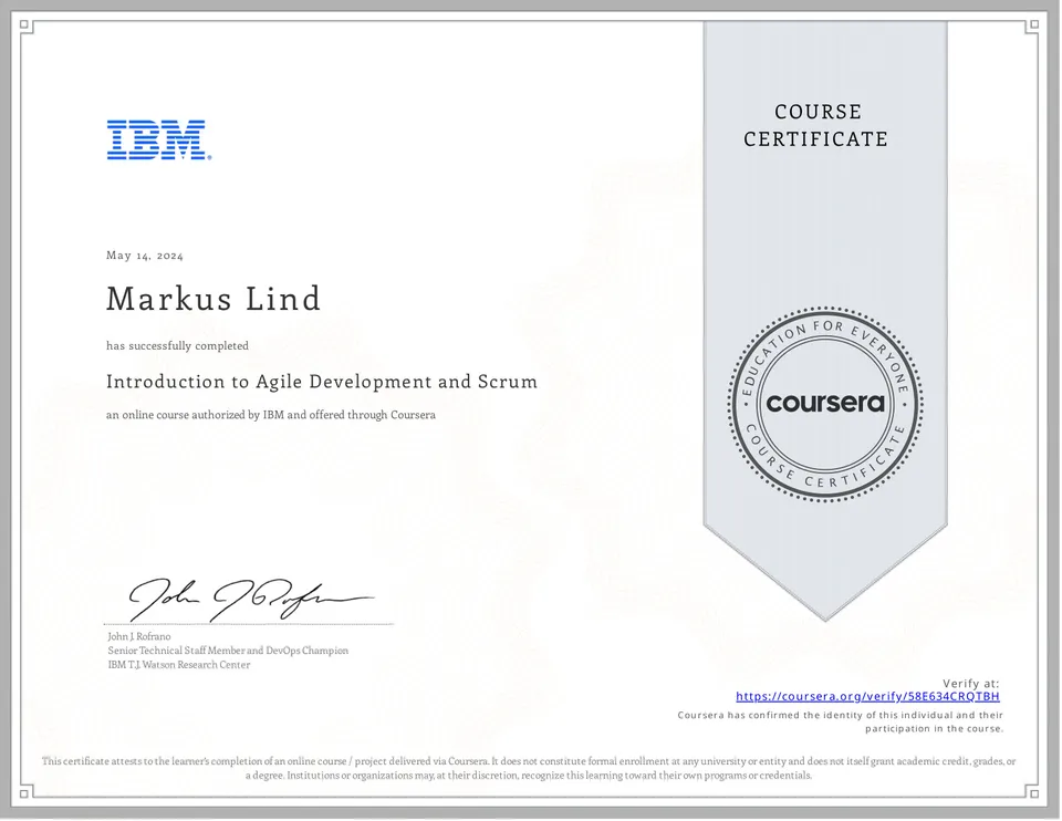 Introduction to Agile Development and Scrum certificate
