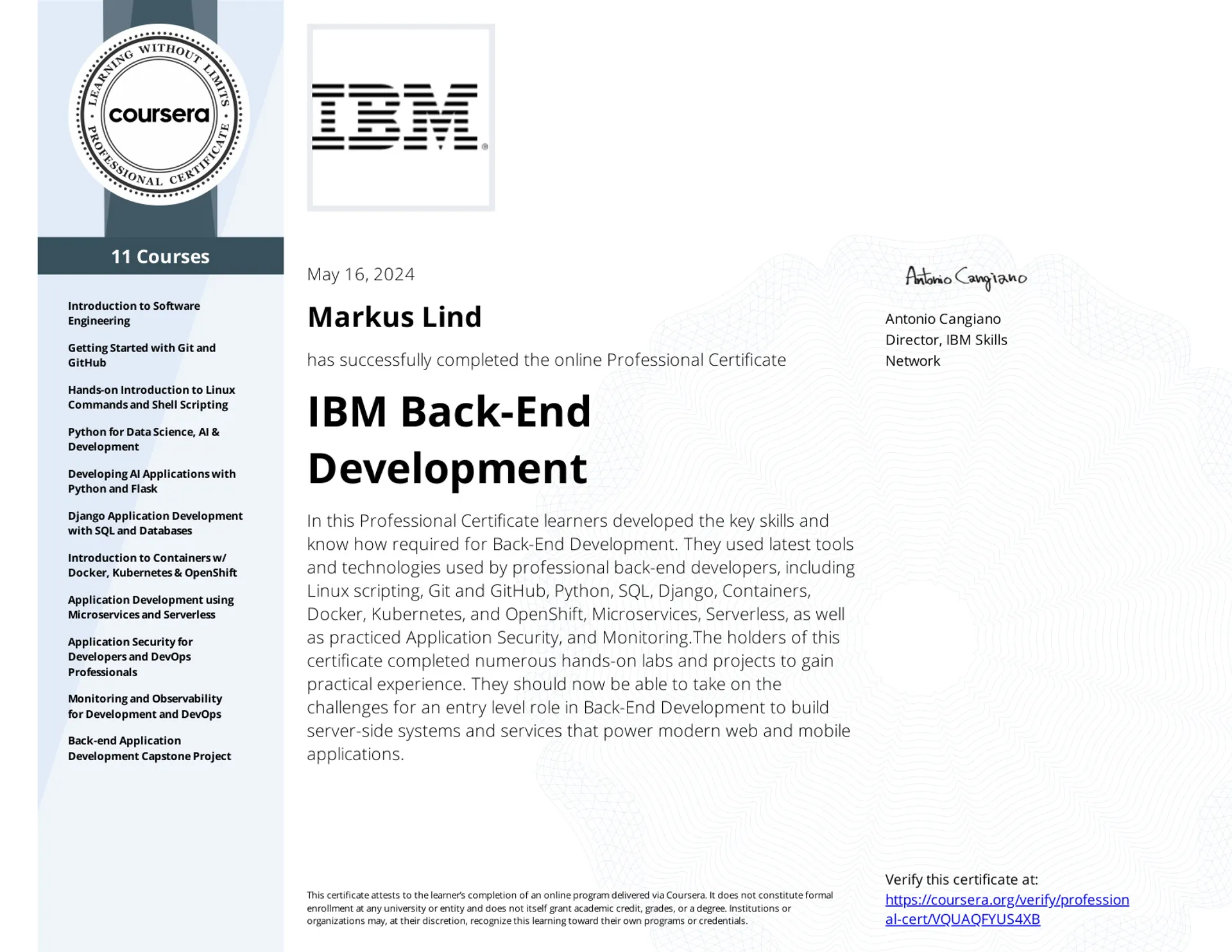 IBM Back-End Development Professional Certificate certificate