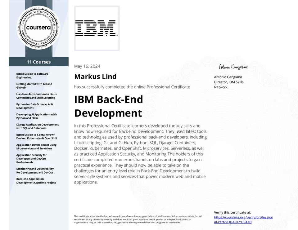 IBM Back-End Development Professional Certificate certificate
