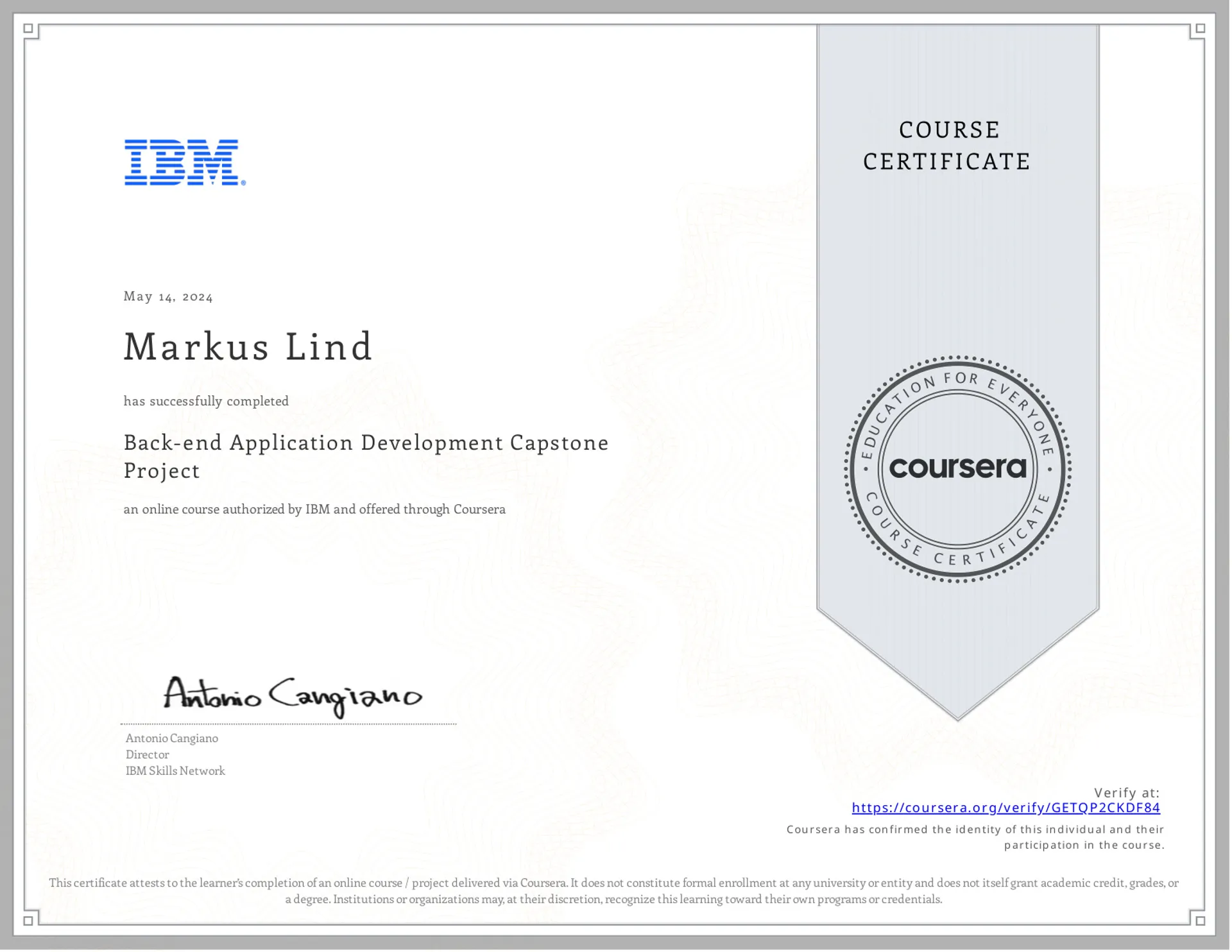Back-end Application Development Capstone Project certificate