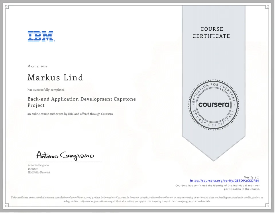 Back-end Application Development Capstone Project certificate