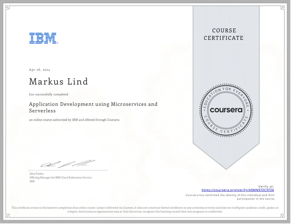 Application Development using Microservices and Serverless certificate