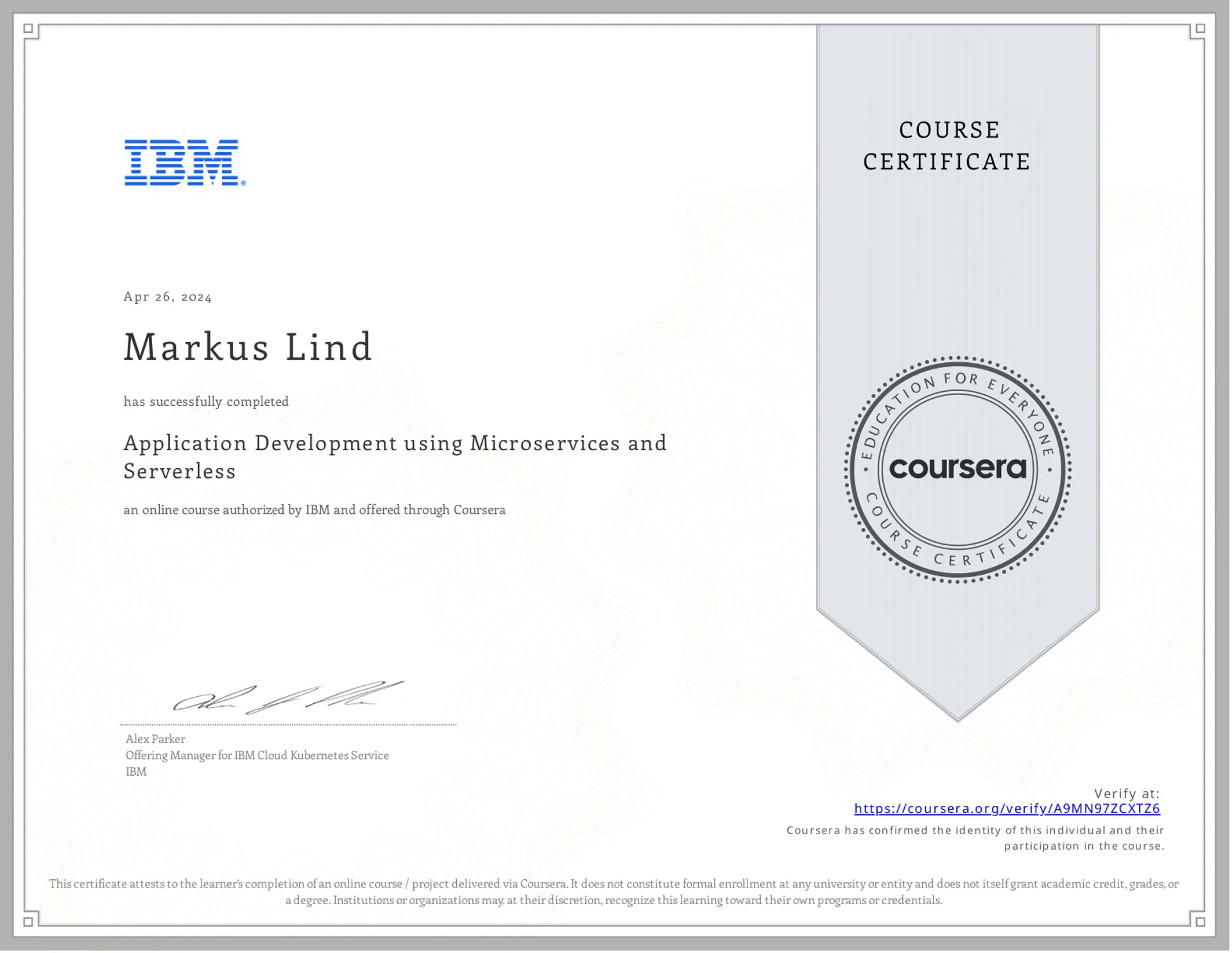 Application Development using Microservices and Serverless certificate