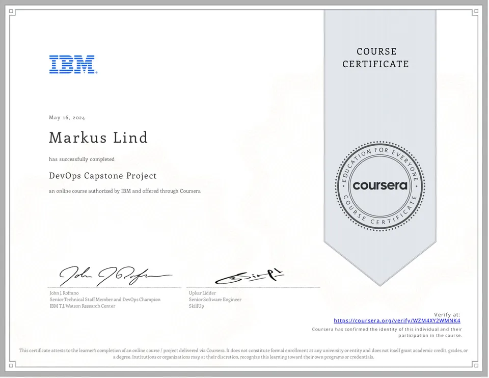 DevOps Capstone Project certificate