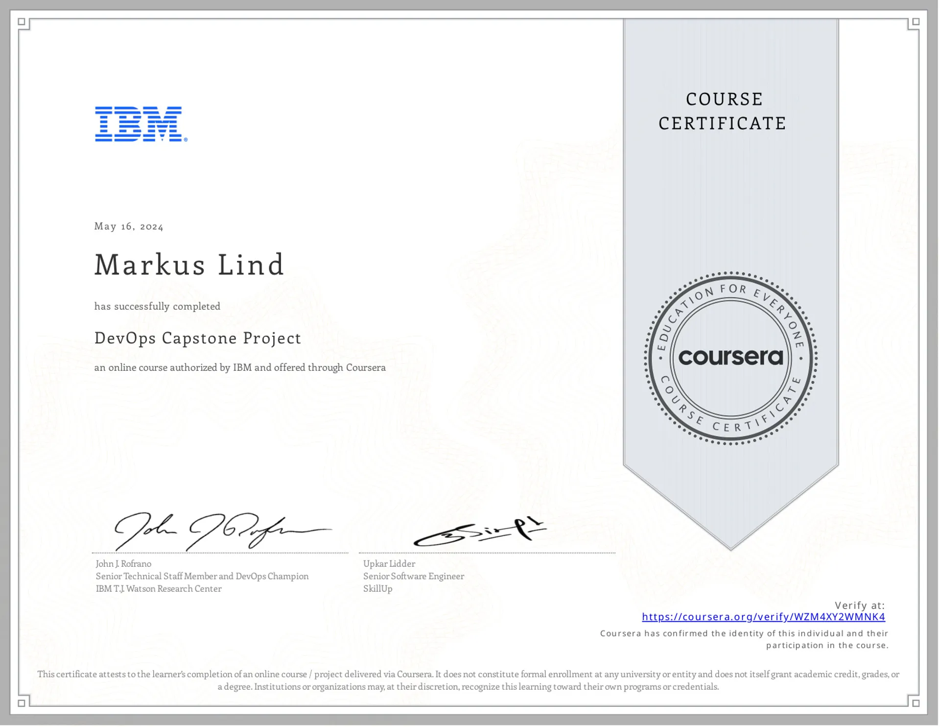DevOps Capstone Project certificate