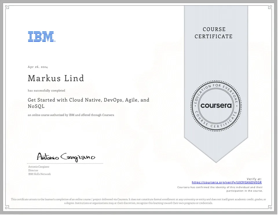 Get Started with Cloud Native, DevOps, Agile, and NoSQL certificate