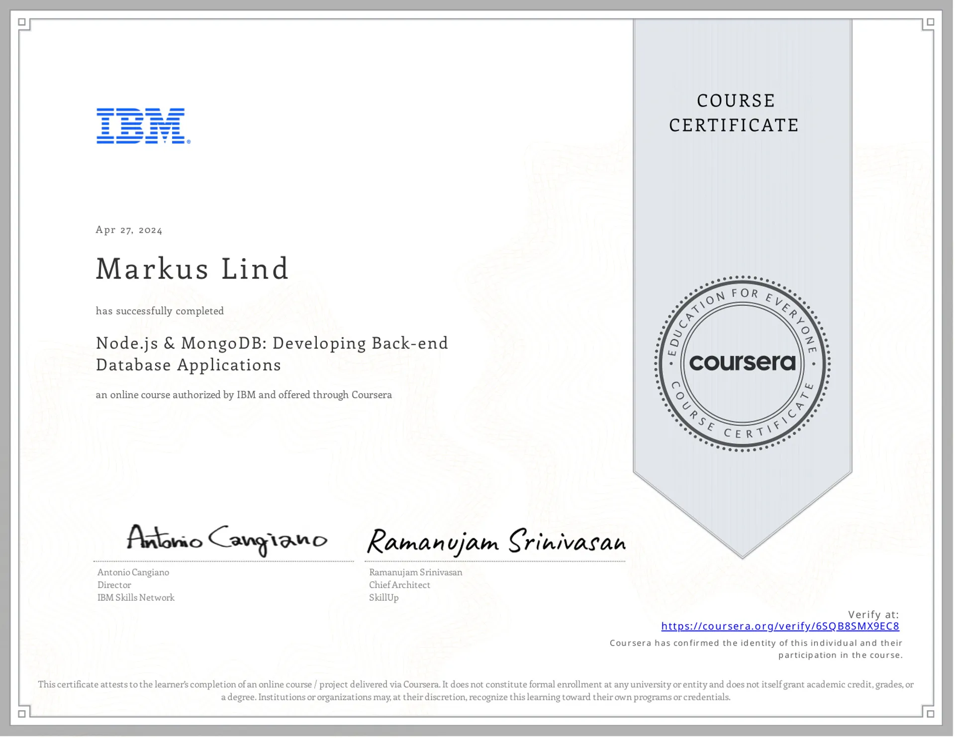 Node.js & MongoDB: Developing Back-end Database Applications certificate