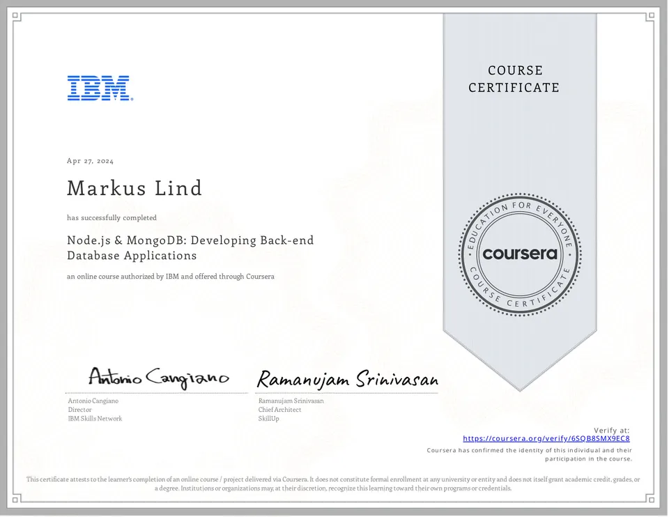 Node.js & MongoDB: Developing Back-end Database Applications certificate