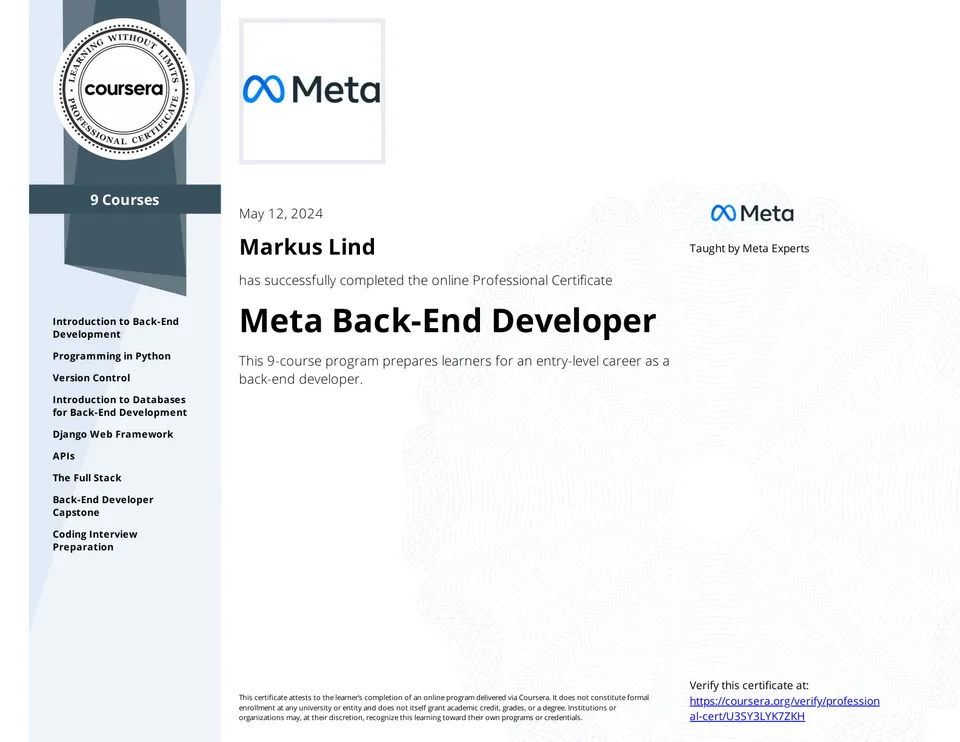 Meta Back-End Developer Professional Certificate certificate