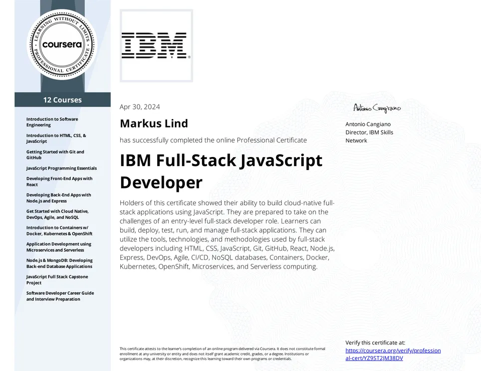 IBM Full-Stack JavaScript Developer Professional Certificate certificate