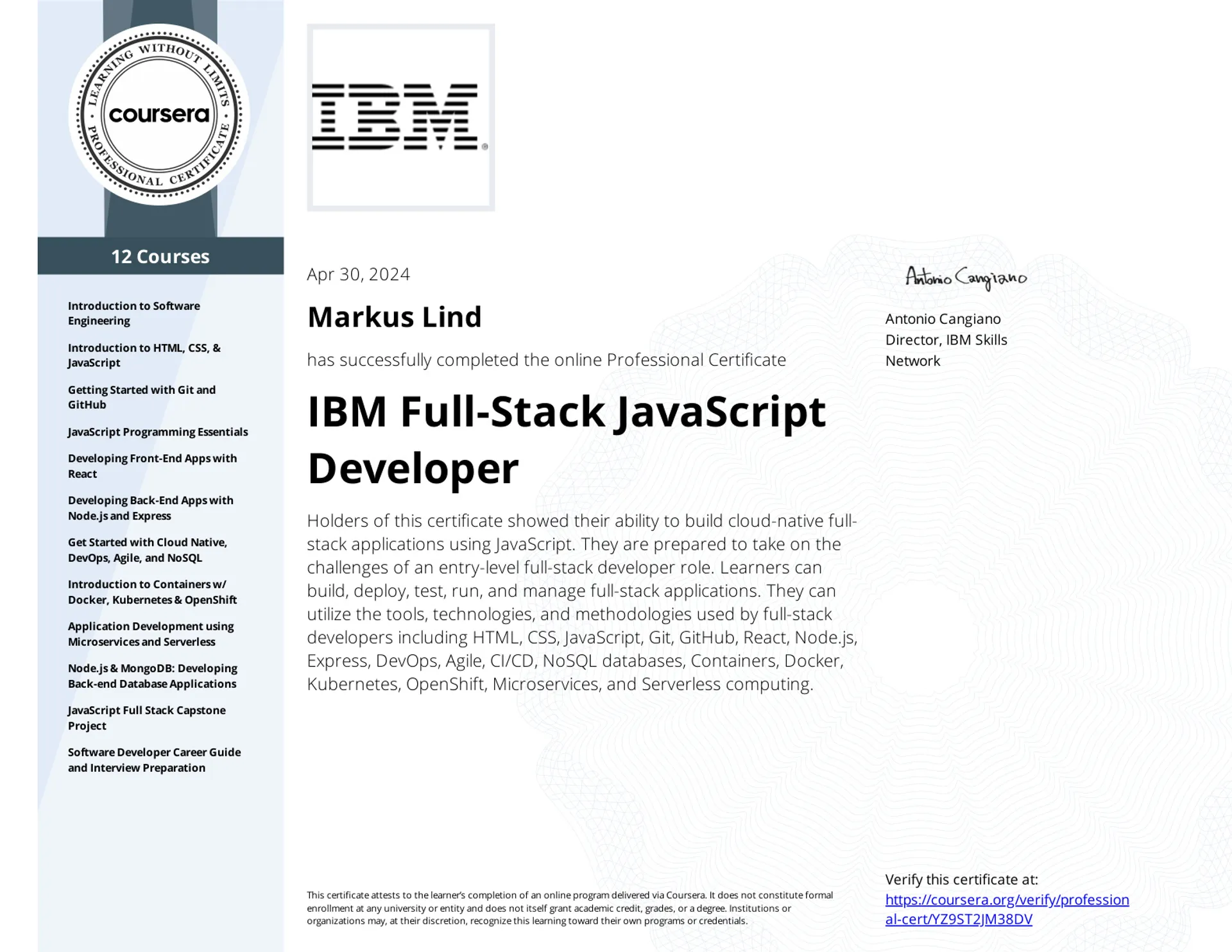 IBM Full-Stack JavaScript Developer Professional Certificate certificate