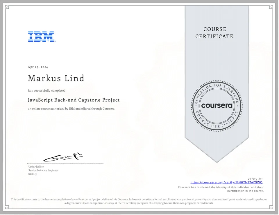 JavaScript Back-end Capstone Project certificate