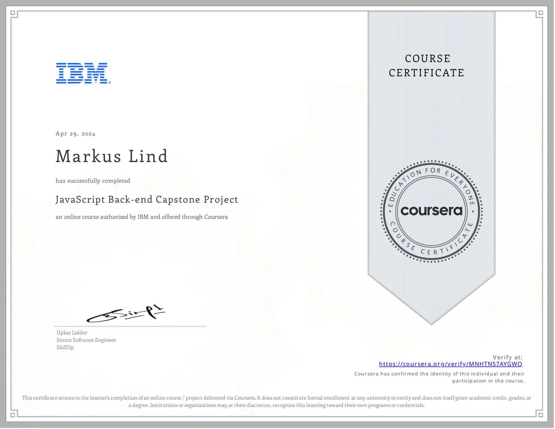 JavaScript Back-end Capstone Project certificate