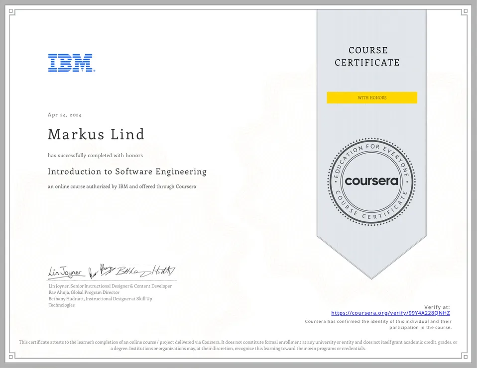 Introduction to Software Engineering certificate