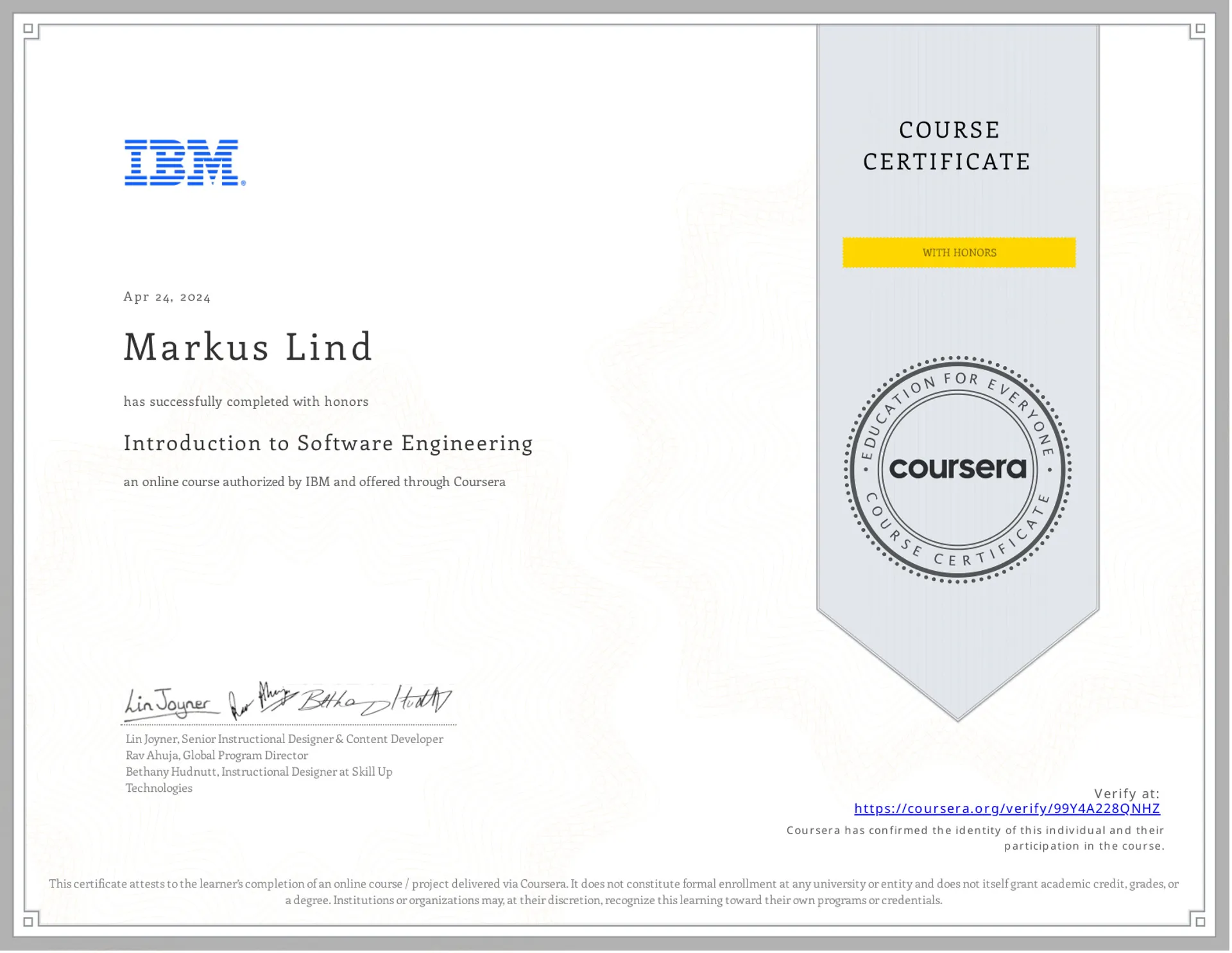 Introduction to Software Engineering certificate