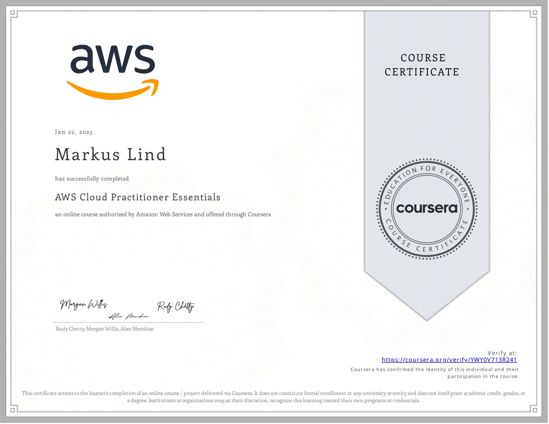 AWS Cloud Practitioner Essentials certificate