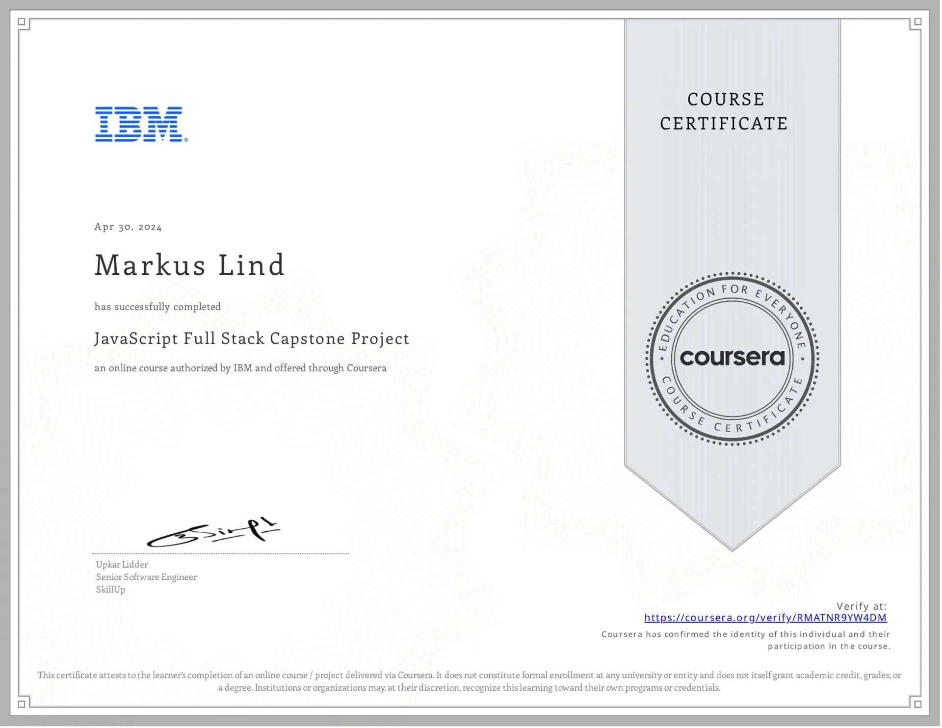 JavaScript Full Stack Capstone Project certificate