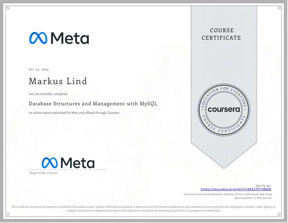 Database Structures and Management with MySQL certificate