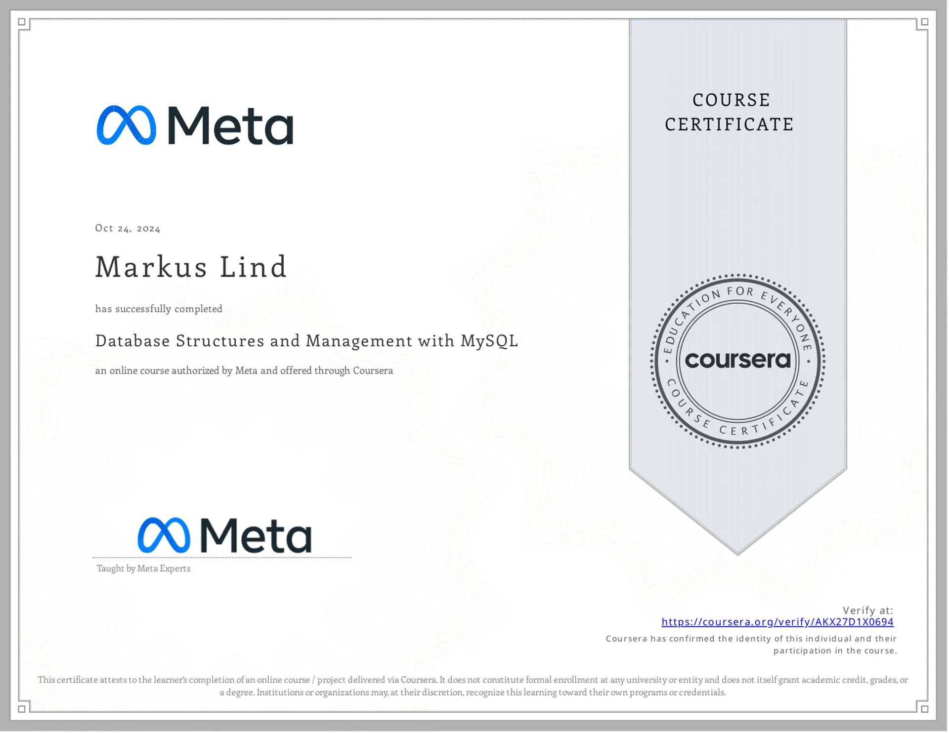 Database Structures and Management with MySQL certificate