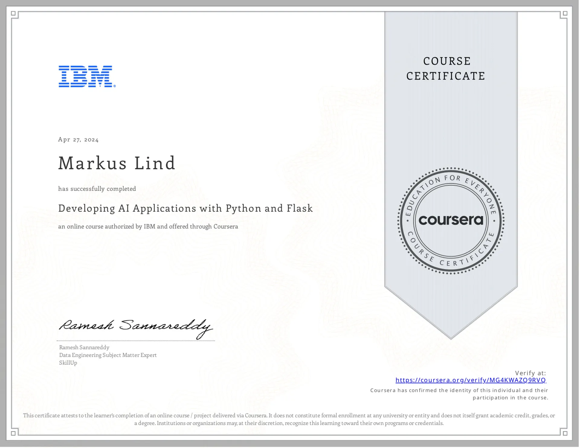 Developing AI Applications with Python and Flask certificate