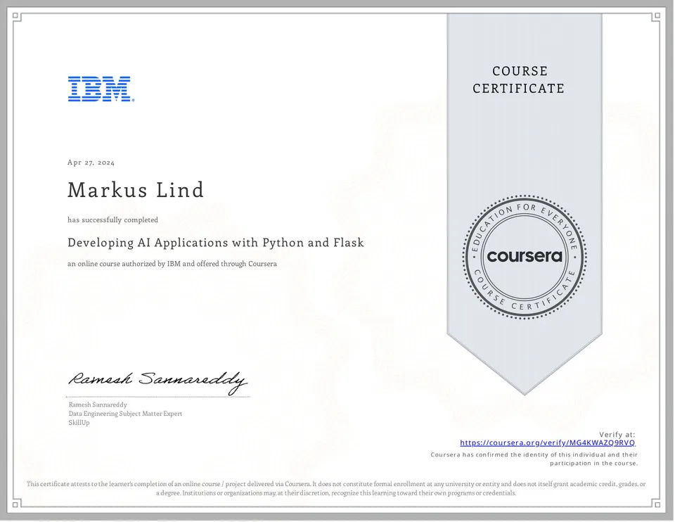Developing AI Applications with Python and Flask certificate