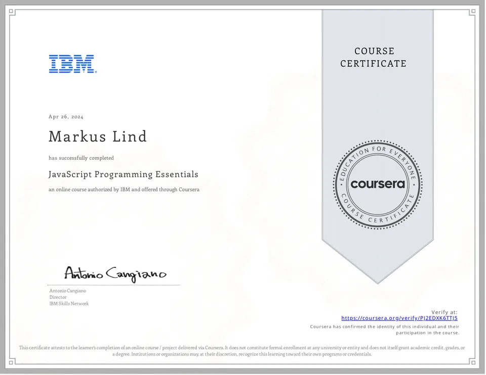 JavaScript Programming Essentials certificate