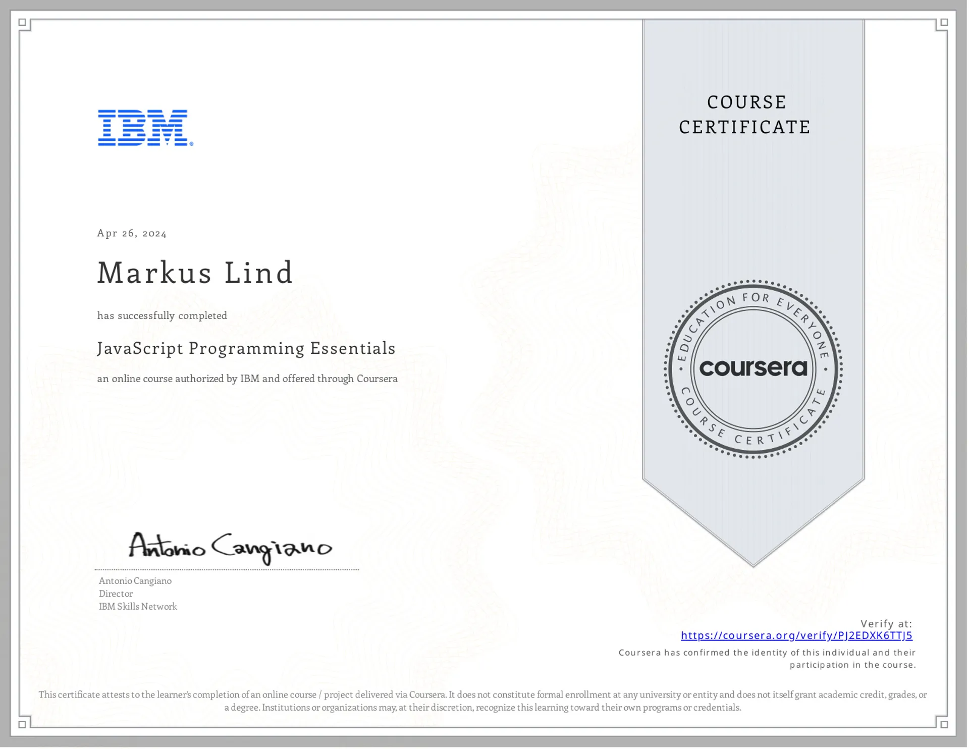 JavaScript Programming Essentials certificate