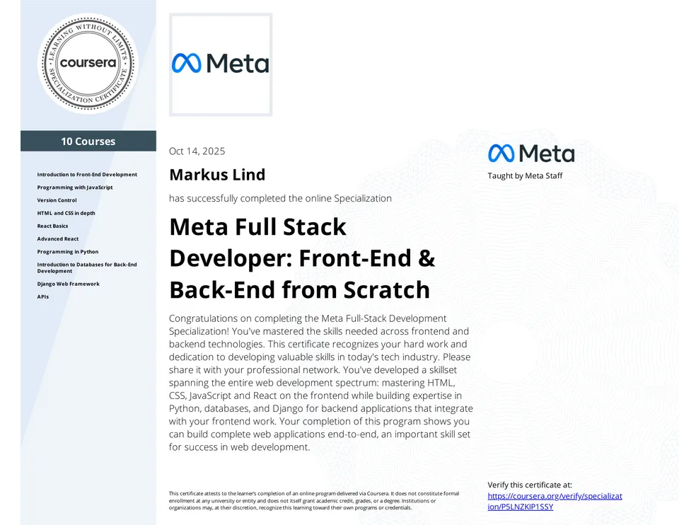 Meta Full Stack Developer Specialization certificate