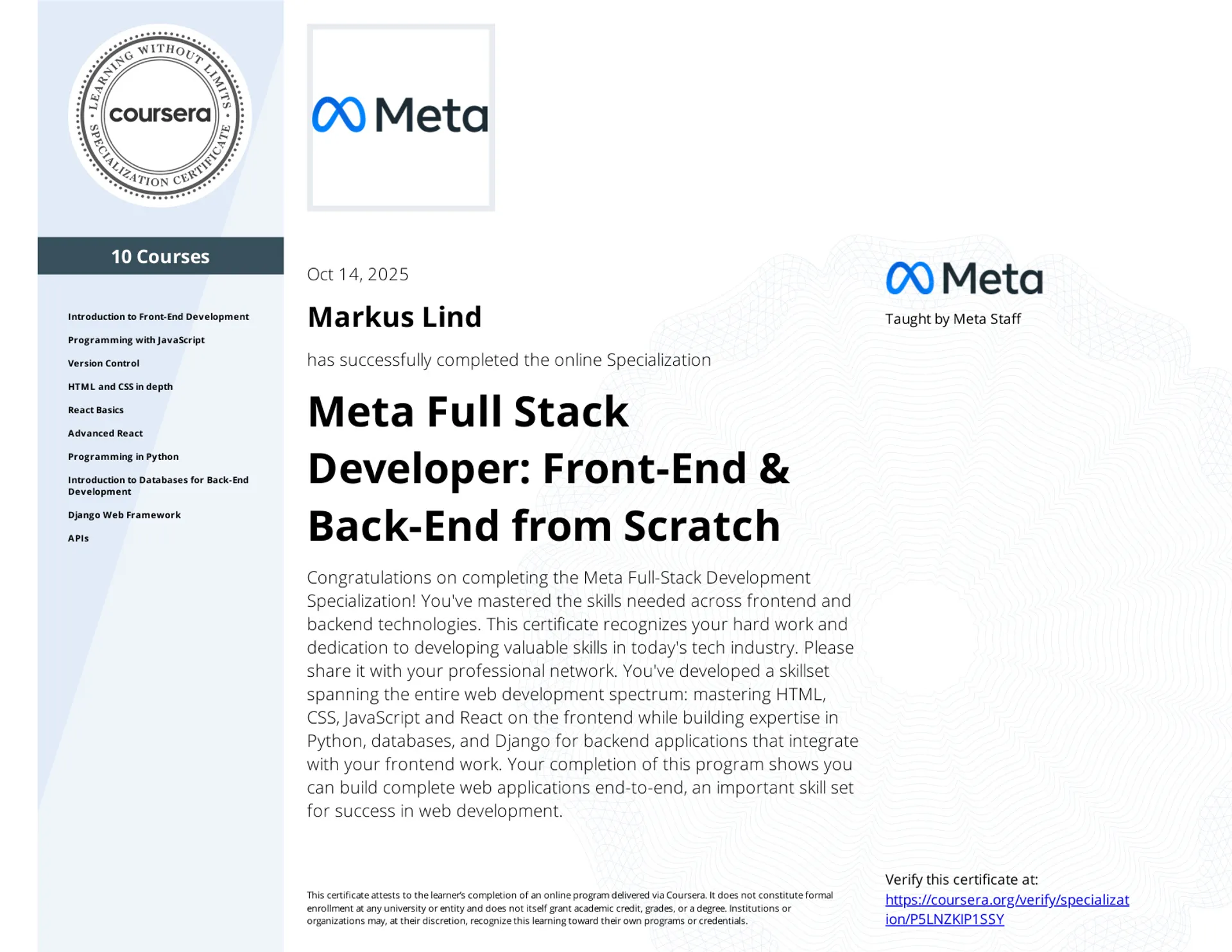 Meta Full Stack Developer Specialization certificate