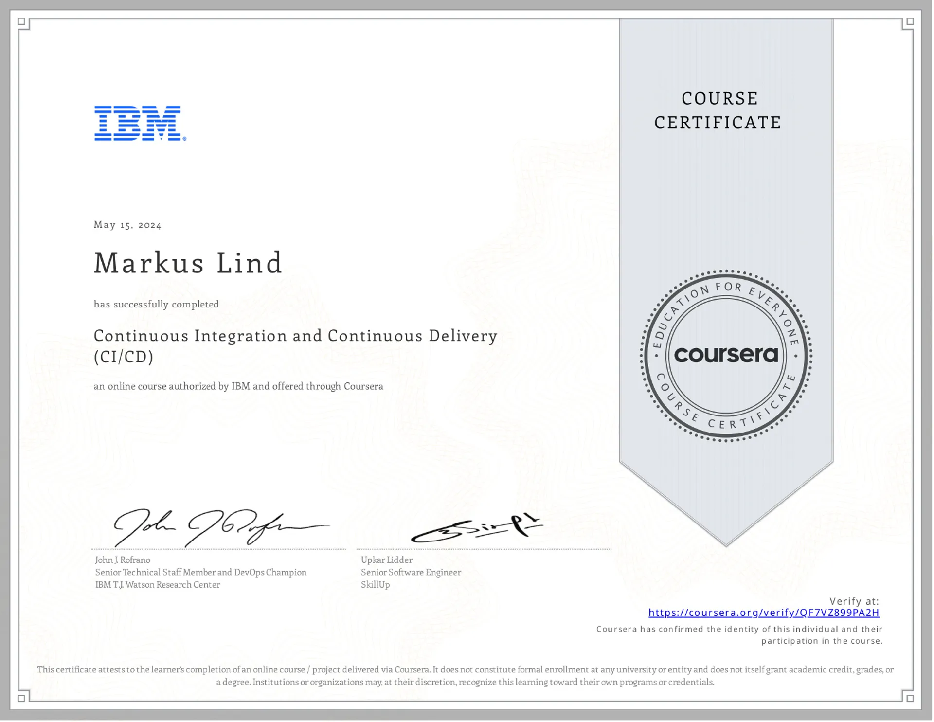 Continuous Integration and Continuous Delivery (CI/CD) certificate