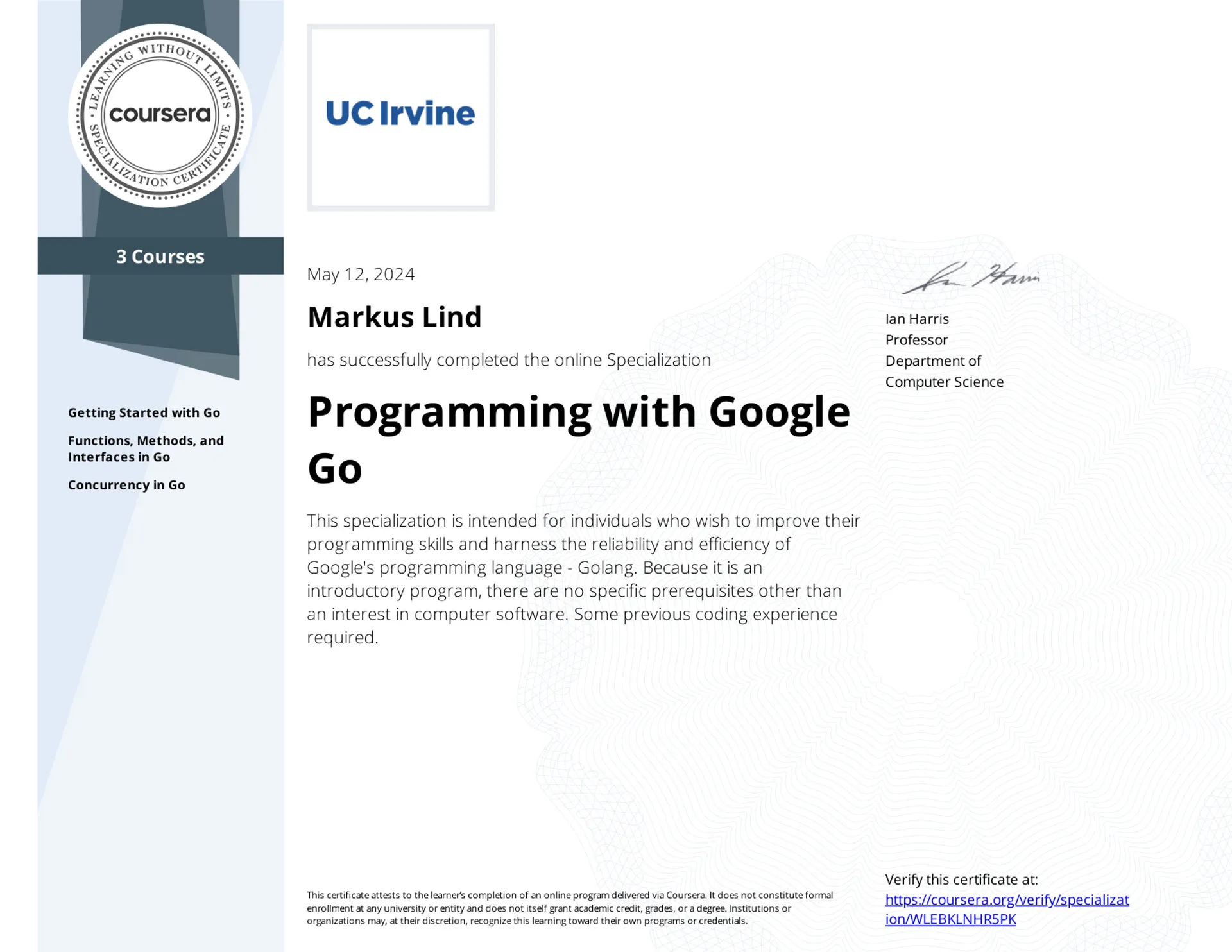 Programming with Google Go Specialization certificate