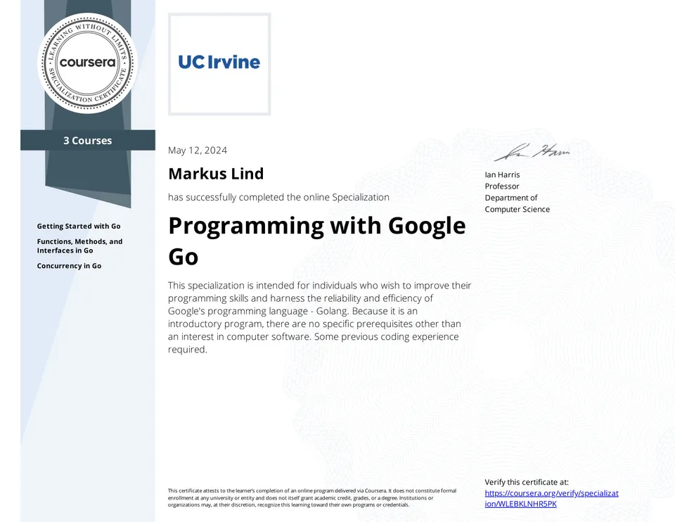 Programming with Google Go Specialization certificate