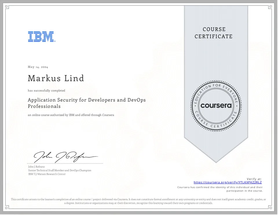 Application Security for Developers and DevOps Professionals certificate