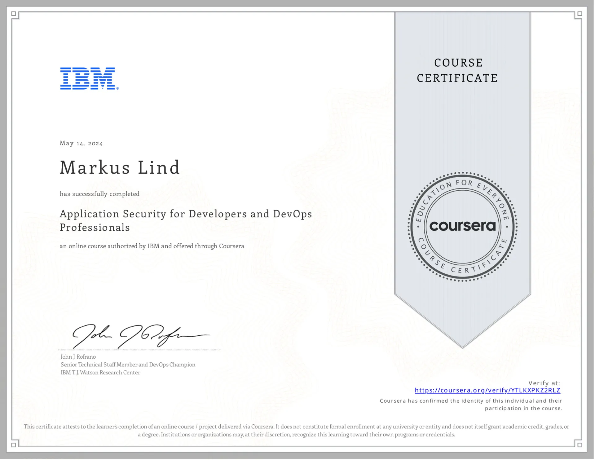 Application Security for Developers and DevOps Professionals certificate
