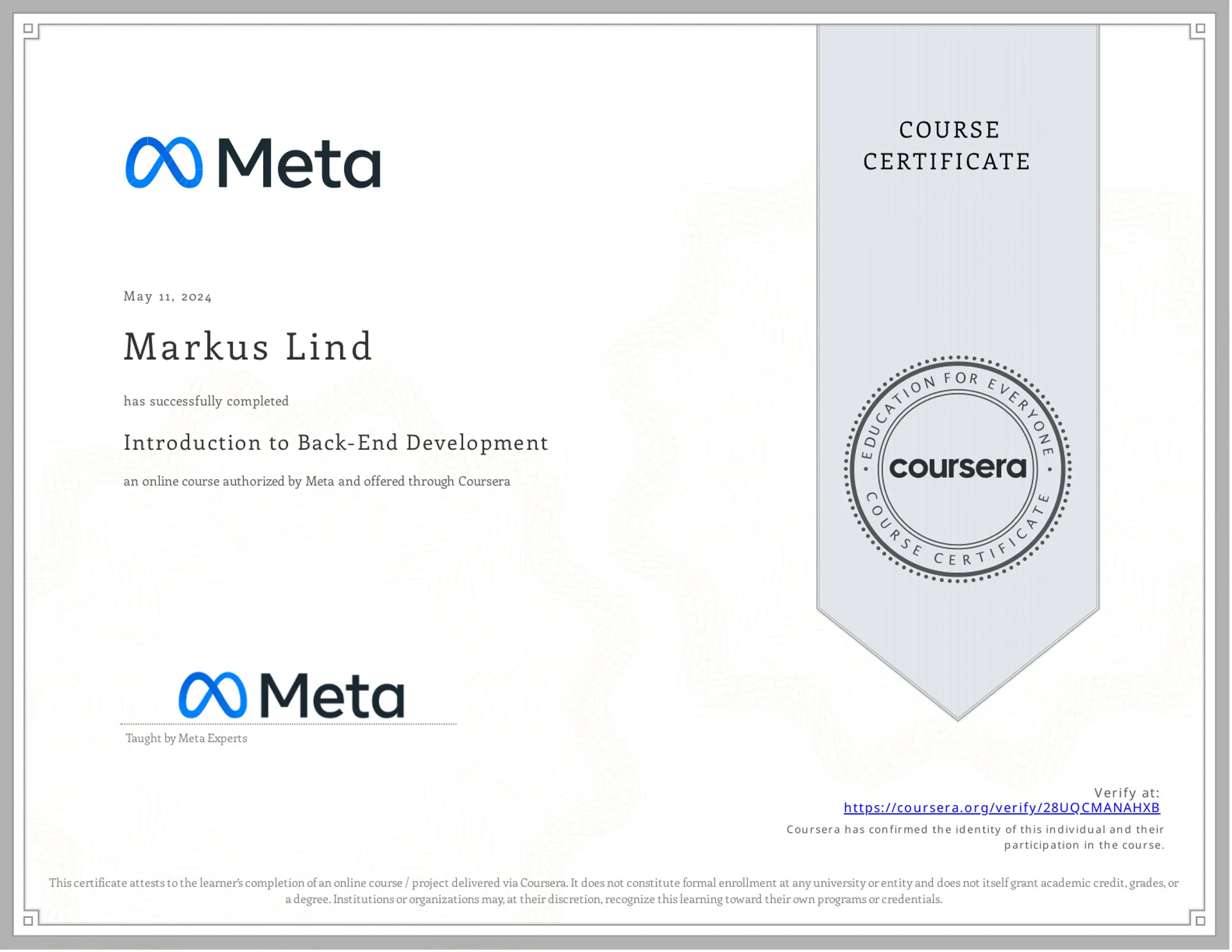 Introduction to Back-End Development certificate