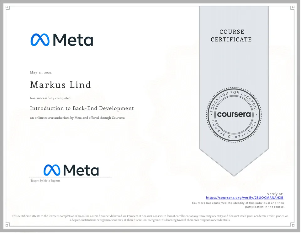 Introduction to Back-End Development certificate