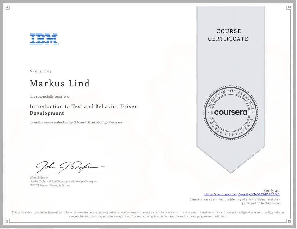 Introduction to Test and Behavior Driven Development certificate