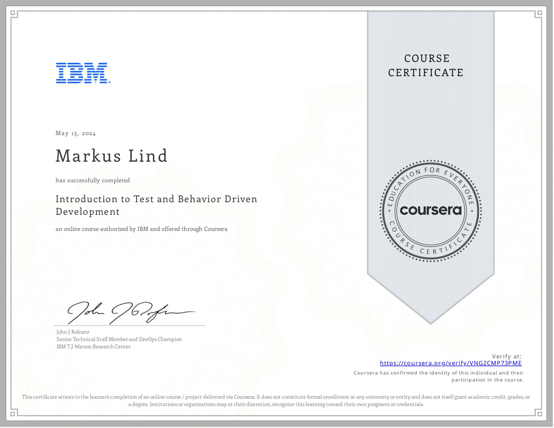 Introduction to Test and Behavior Driven Development certificate