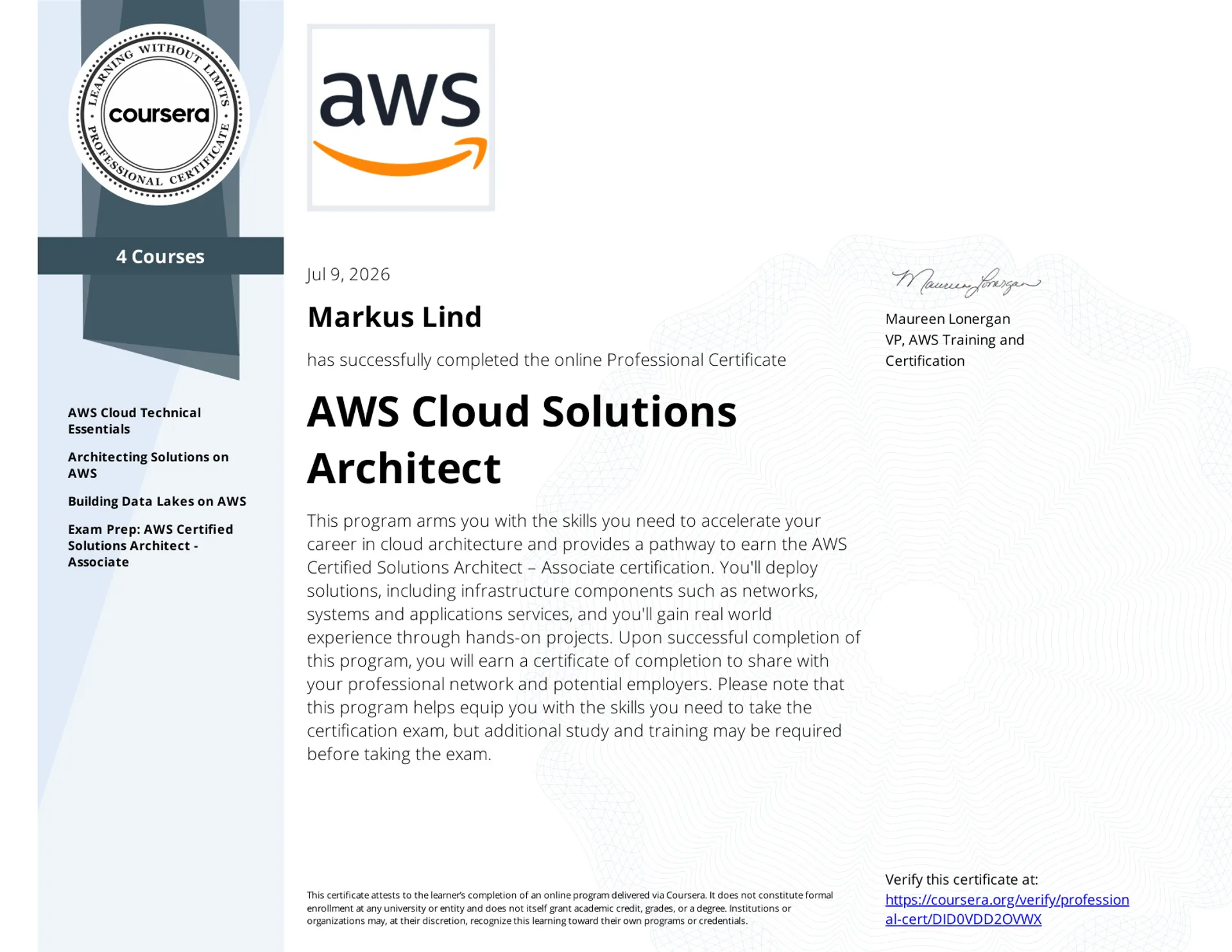 AWS Cloud Solutions Architect Professional Certificate certificate